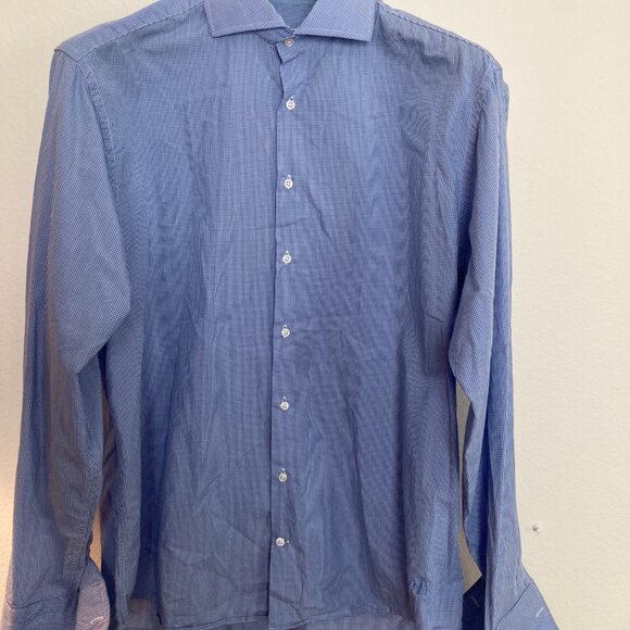 Men's J. Peterman Men's Blue/White Check Shirt with French Cuffs - Picture 3 of 7